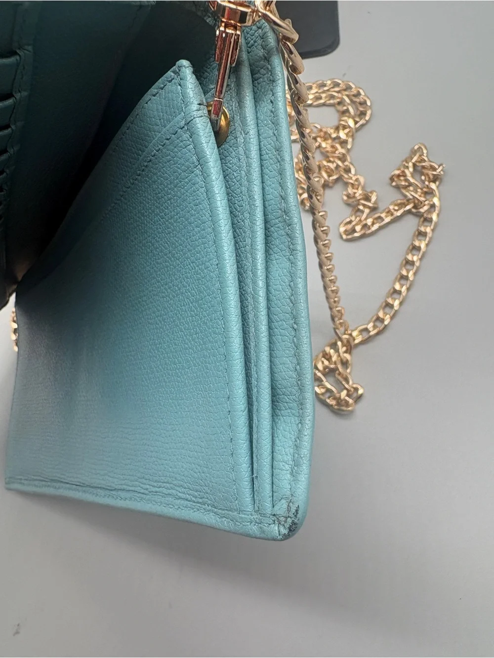 Authentic Chanel Light Turquoise Caviar Wallet – Converted WOC – Entrupy COA